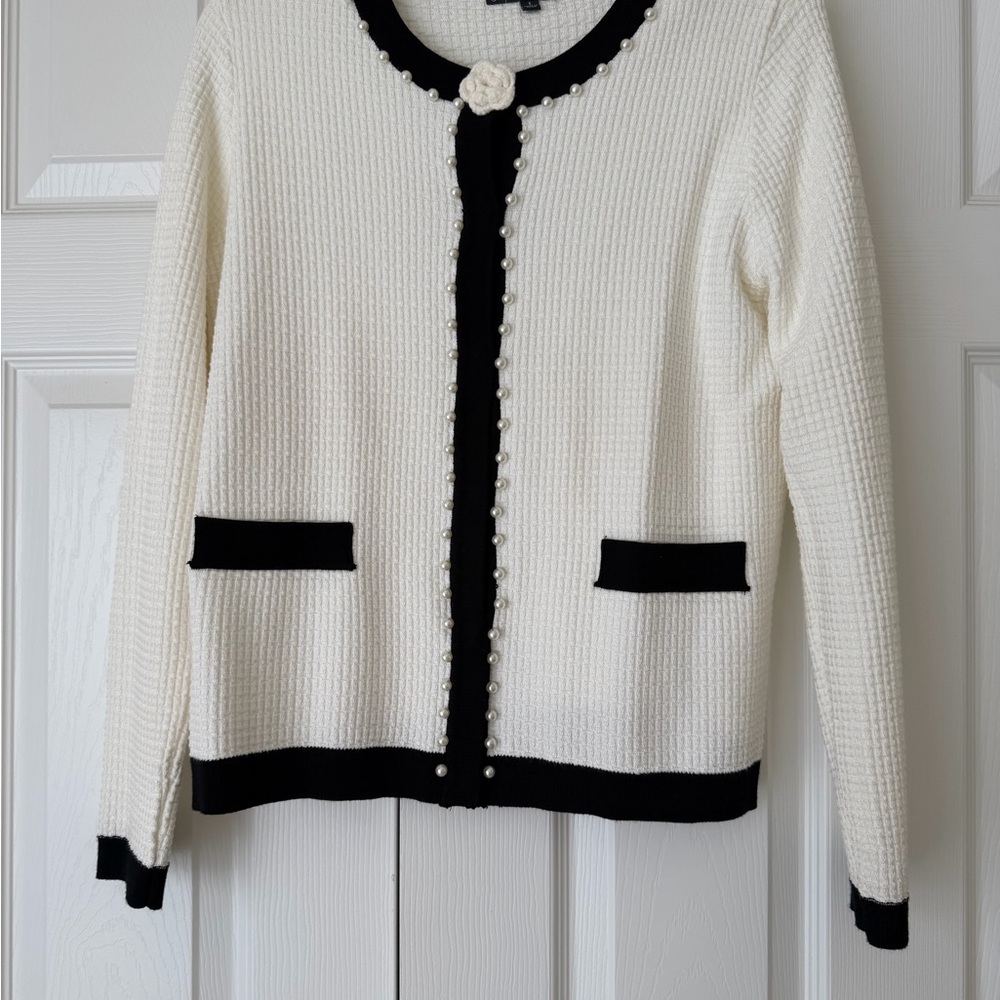 Adrianna Papell Cream Cardigan with Black Trim and Pearl Accents